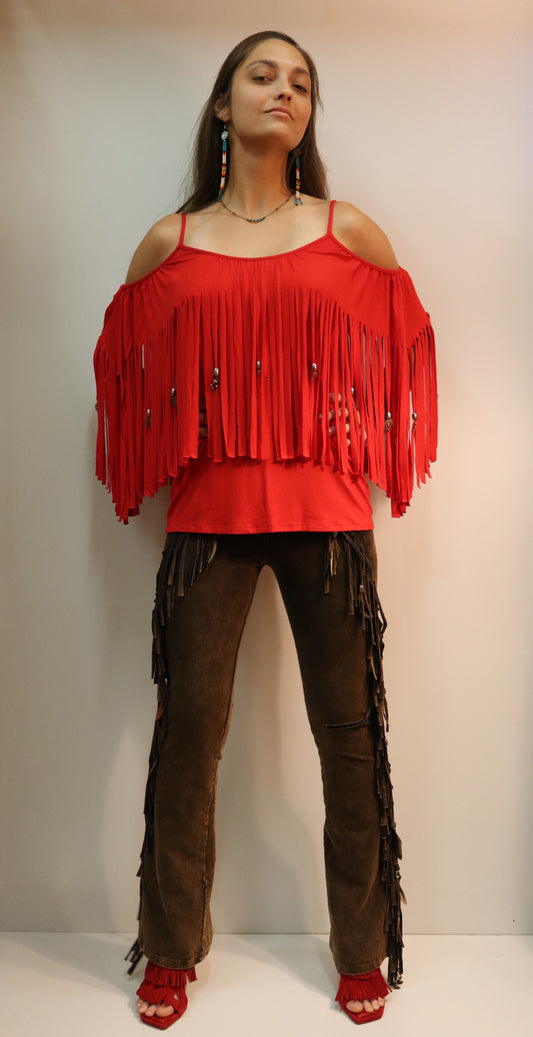 Pat Dahnke Red Fringe Feathered Top