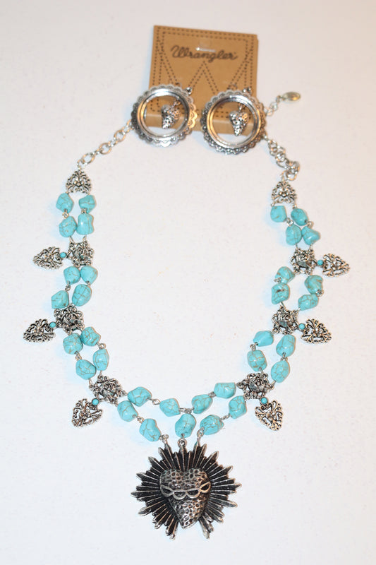 Wrangler Turquoise Beaded Necklace Set Heart Pendant