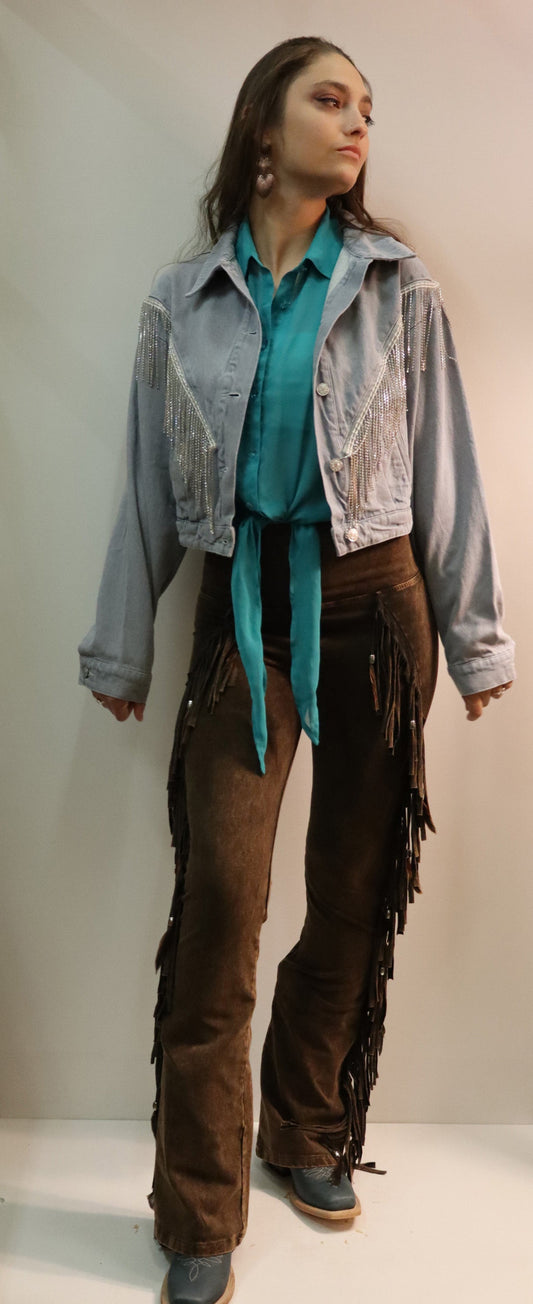 Fringe Denim Jacket - Blue, Black and Cream